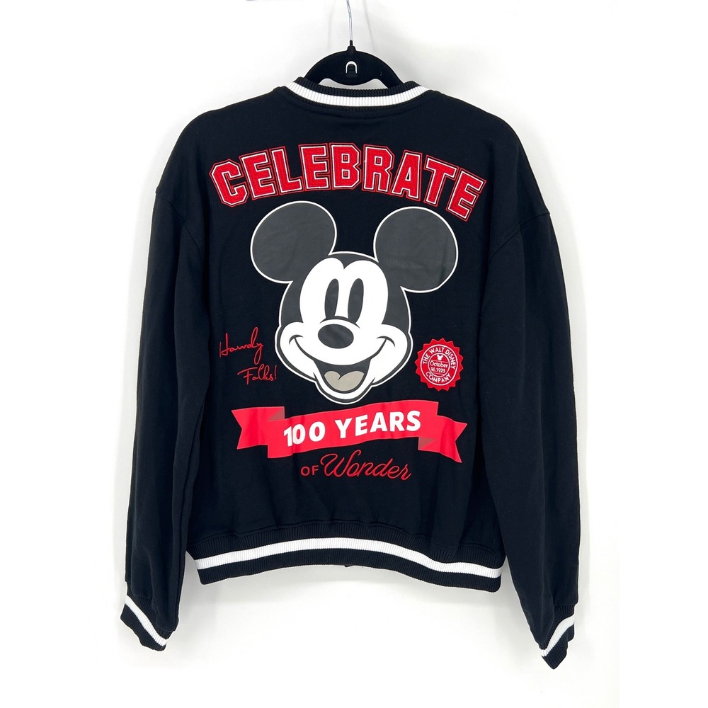 Disney 100 Years of Wonder Mickey Mouse Varsity Bomber Jacket Black Medium EUC